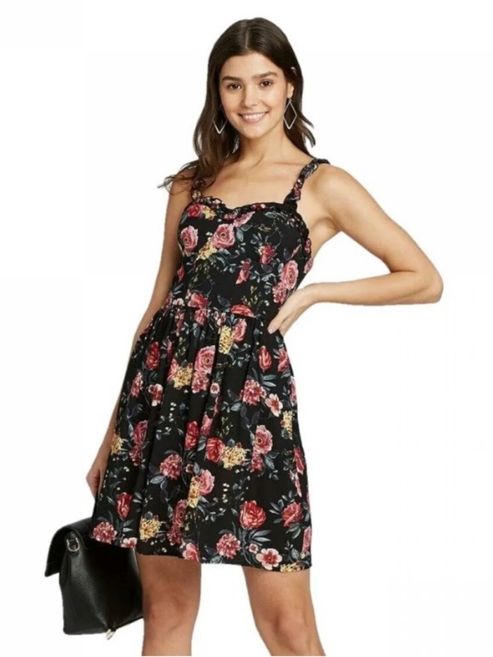 Black Floral Feminine Mini Dress with Pink & Red Roses